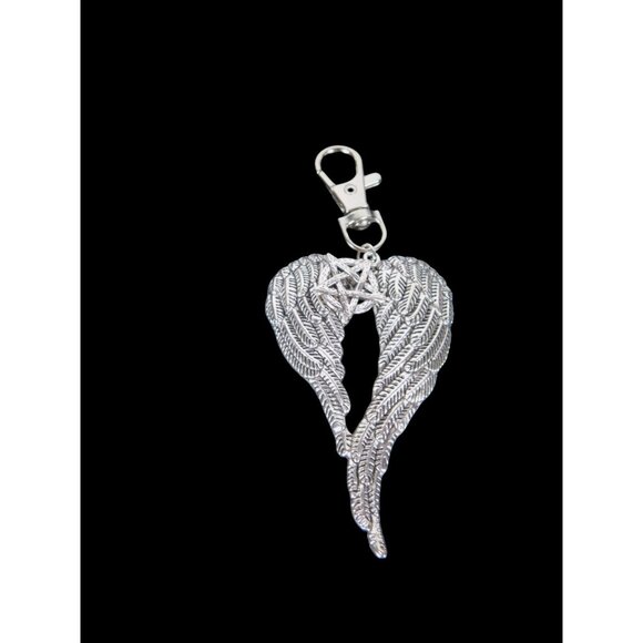 Angel Wing Pentagram Keychain Silver Clip Christian Witch - Picture 4 of 11
